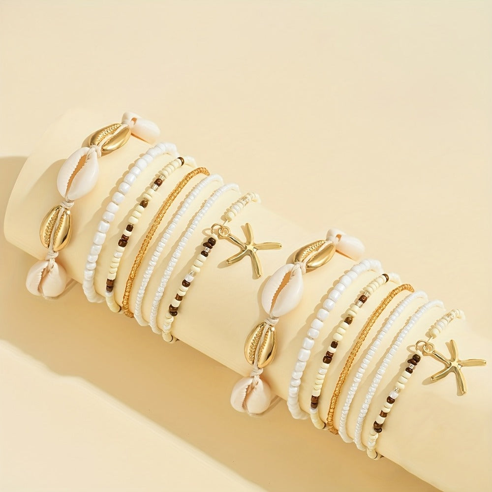 Beaded Bracelet - Boho and Anklet Set 28pcs, Bohemian Shell Starfish Jewelry Set for Women - product detail view 2