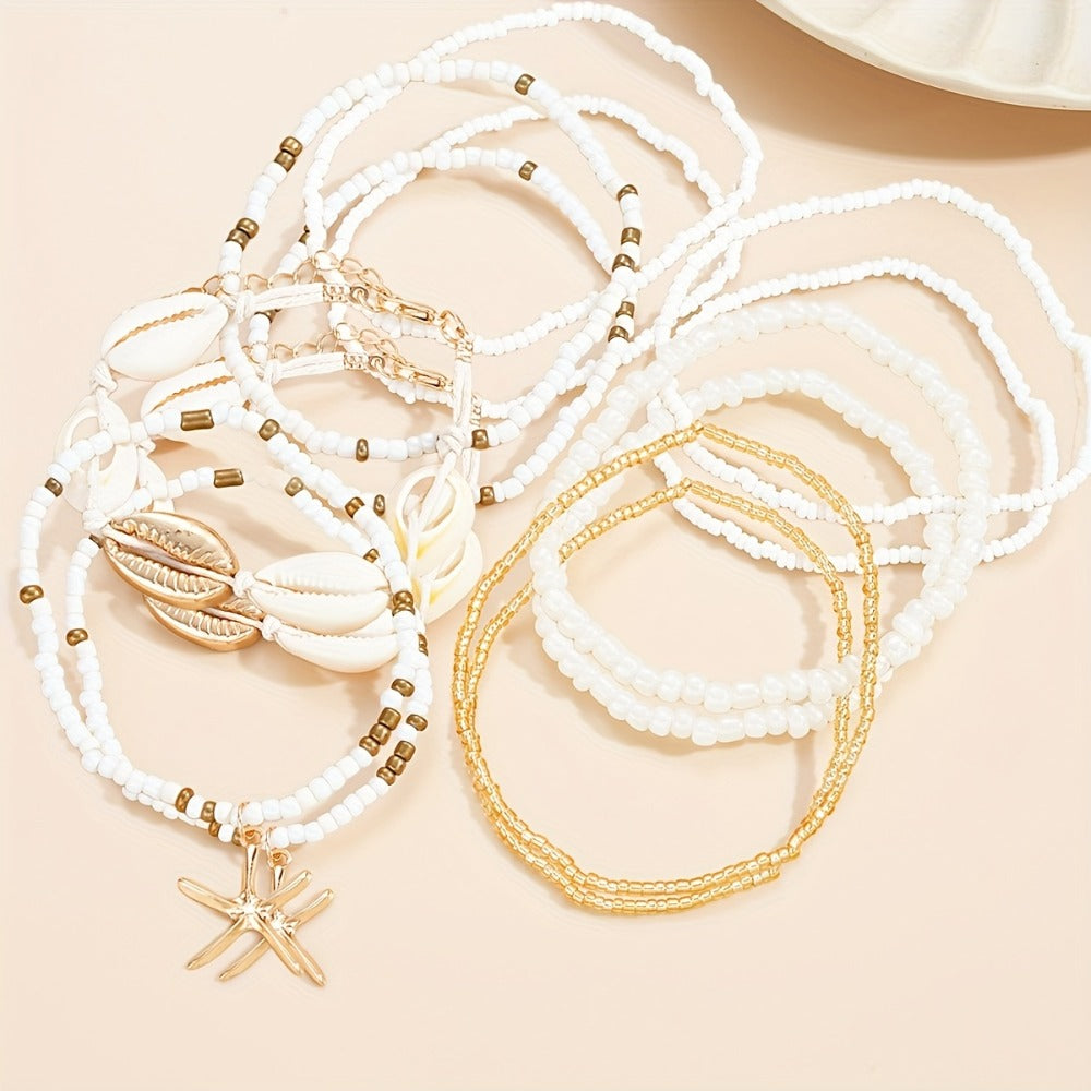 Beaded Bracelet - Boho and Anklet Set 28pcs, Bohemian Shell Starfish Jewelry Set for Women - product detail view 5