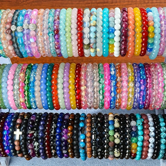 Beaded Bracelet - Boho Bead Set 30pcs - Colorful Crackle Glass Handcrafted Stretch for Women - main product view