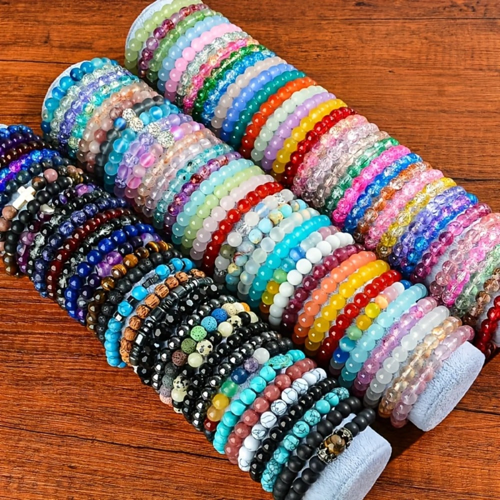 Beaded Bracelet - Boho Bead Set 30pcs - Colorful Crackle Glass Handcrafted Stretch for Women - product detail view 2
