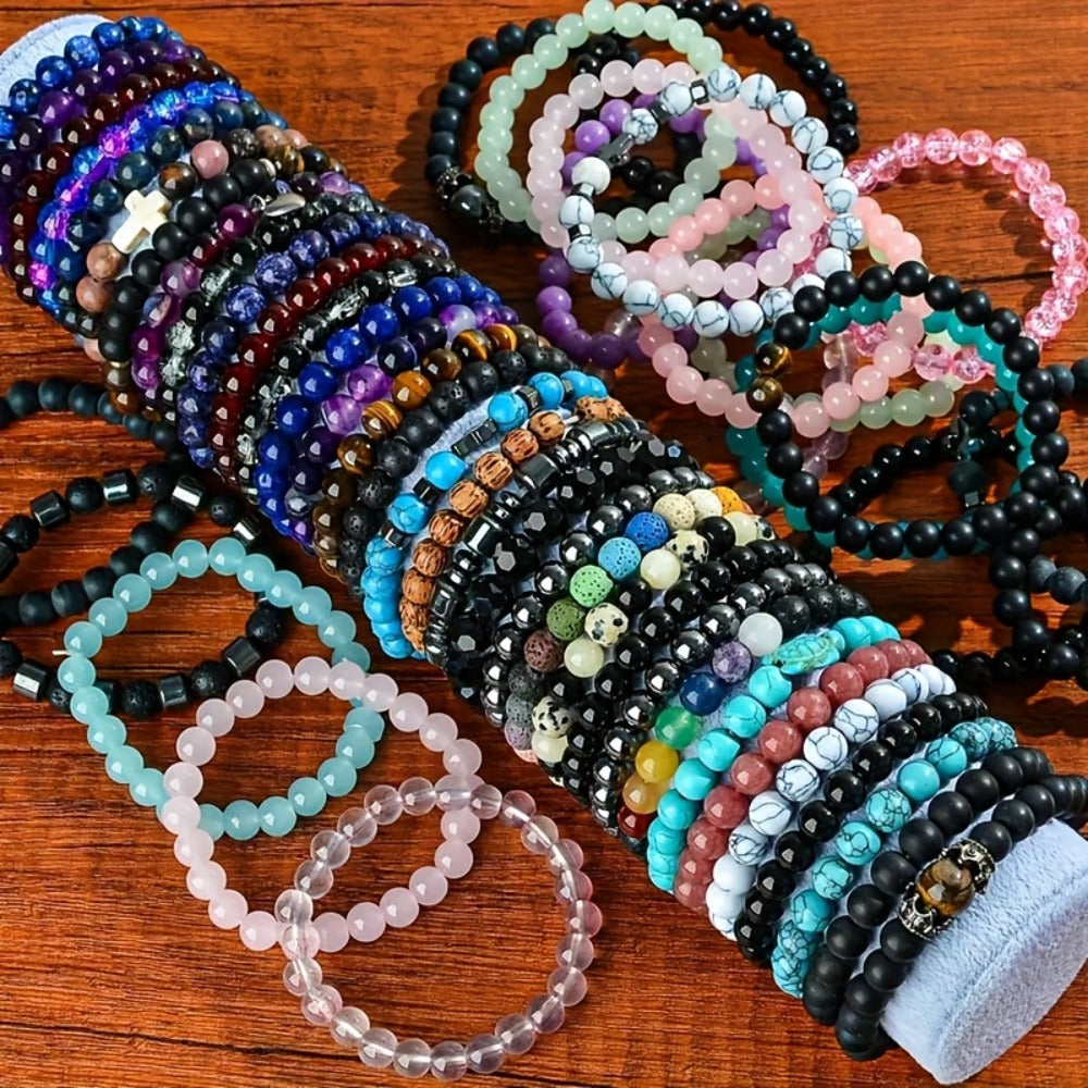 Beaded Bracelet - Boho Bead Set 30pcs - Colorful Crackle Glass Handcrafted Stretch for Women - product detail view 6