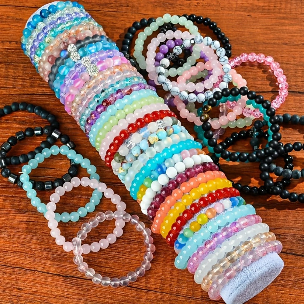 Beaded Bracelet - Boho Bead Set 30pcs - Colorful Crackle Glass Handcrafted Stretch for Women - product detail view 7