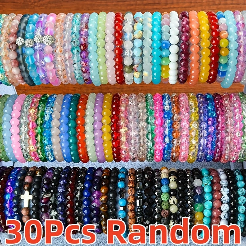 Beaded Bracelet - Boho Bead Set 30pcs - Colorful Crackle Glass Handcrafted Stretch for Women - product detail view 9
