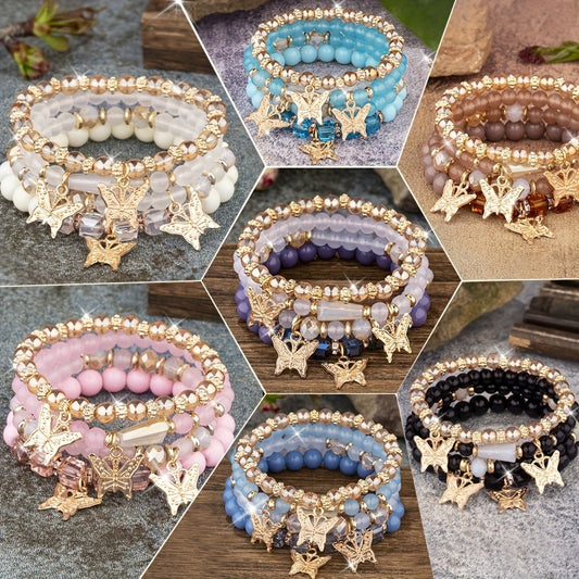 Beaded Bracelet - Boho Set 28 Pieces 7 Sets Stackable Butterfly Pendant Multi-Layer Elastic - main product view