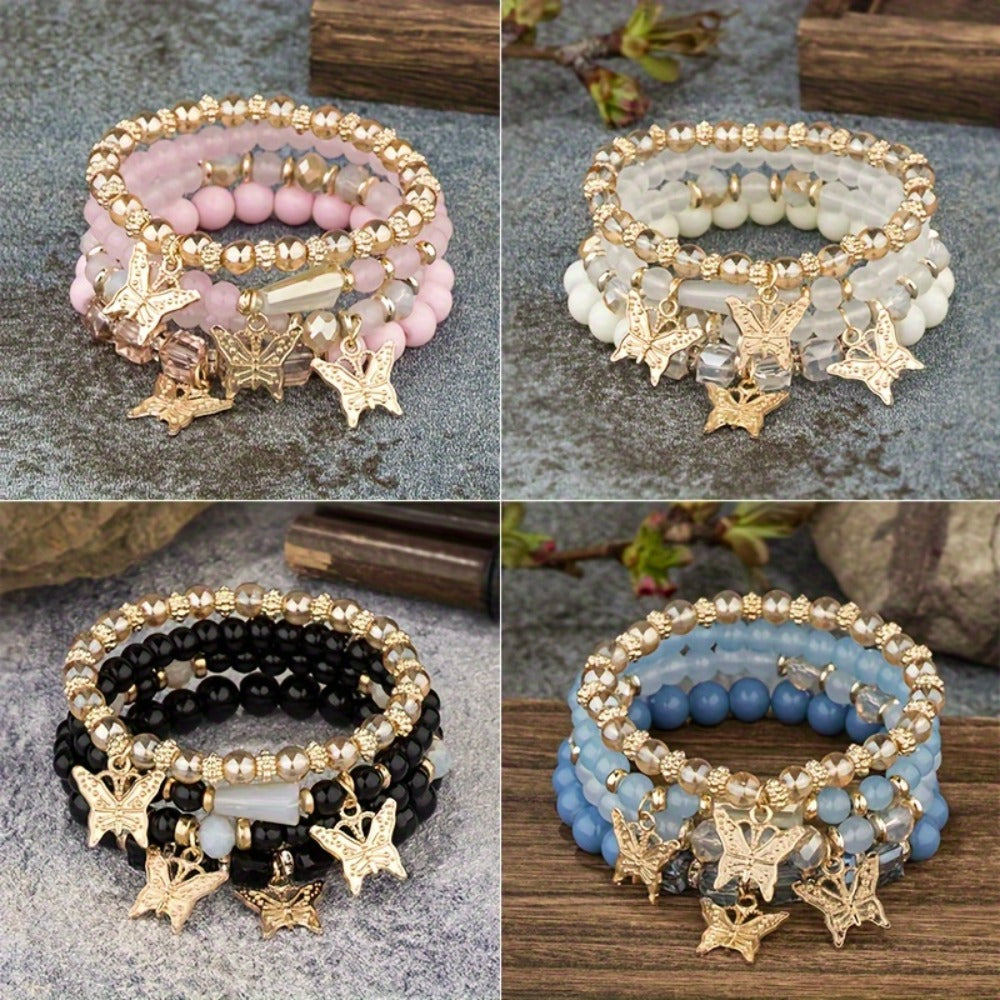 Beaded Bracelet - Boho Set 28 Pieces 7 Sets Stackable Butterfly Pendant Multi-Layer Elastic - product detail view 5