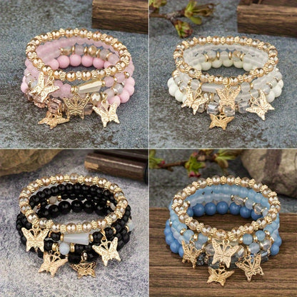 Beaded Bracelet - Boho Set 28 Pieces 7 Sets Stackable Butterfly Pendant Multi-Layer Elastic - product detail view 5
