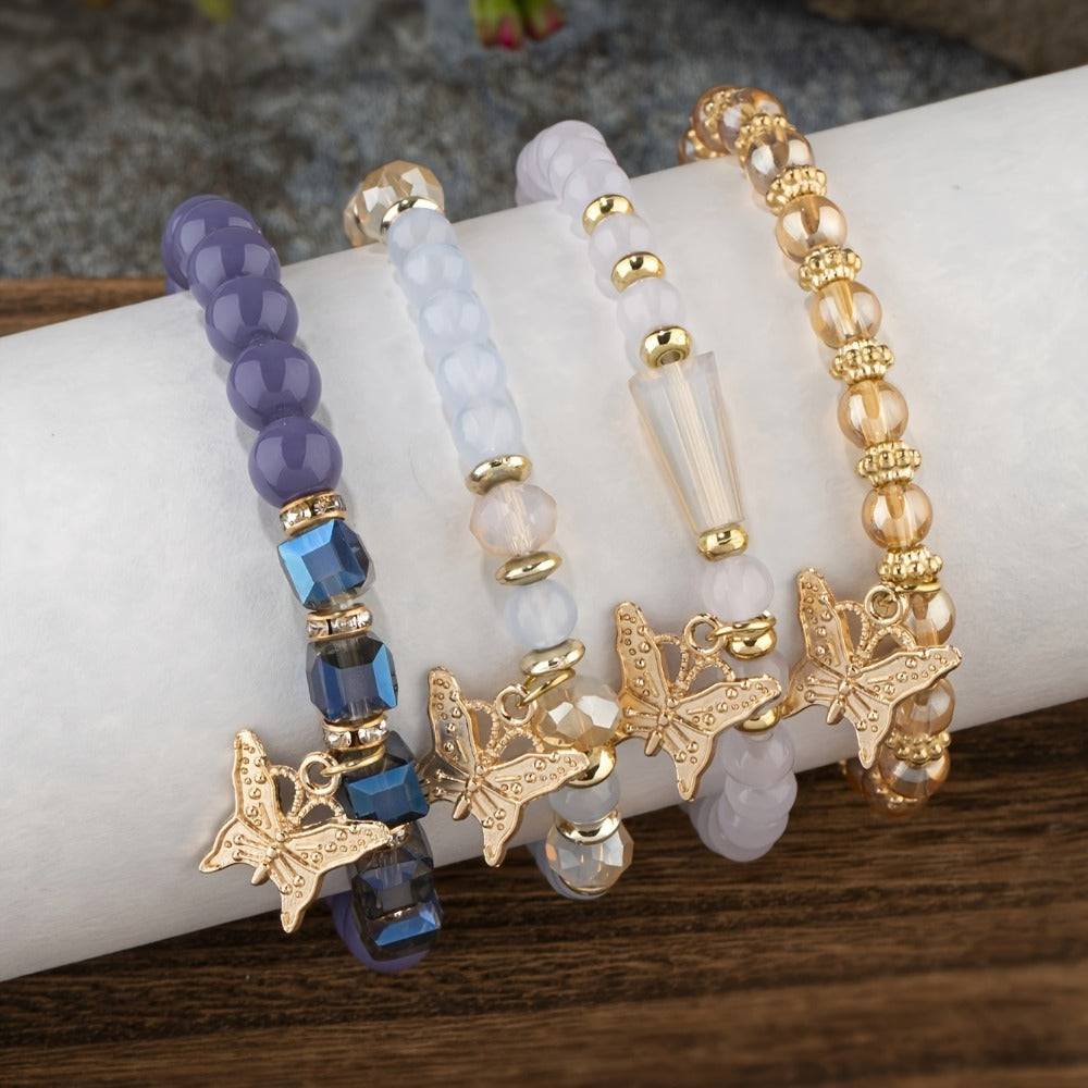 Beaded Bracelet - Boho Set 28 Pieces 7 Sets Stackable Butterfly Pendant Multi-Layer Elastic - product detail view 10