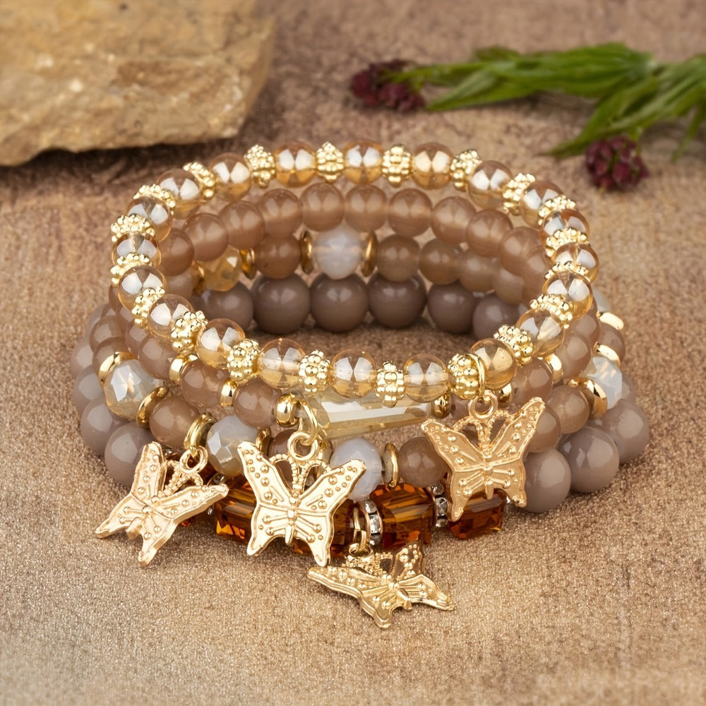 Beaded Bracelet - Boho Set 28 Pieces 7 Sets Stackable Butterfly Pendant Multi-Layer Elastic - product detail view 16