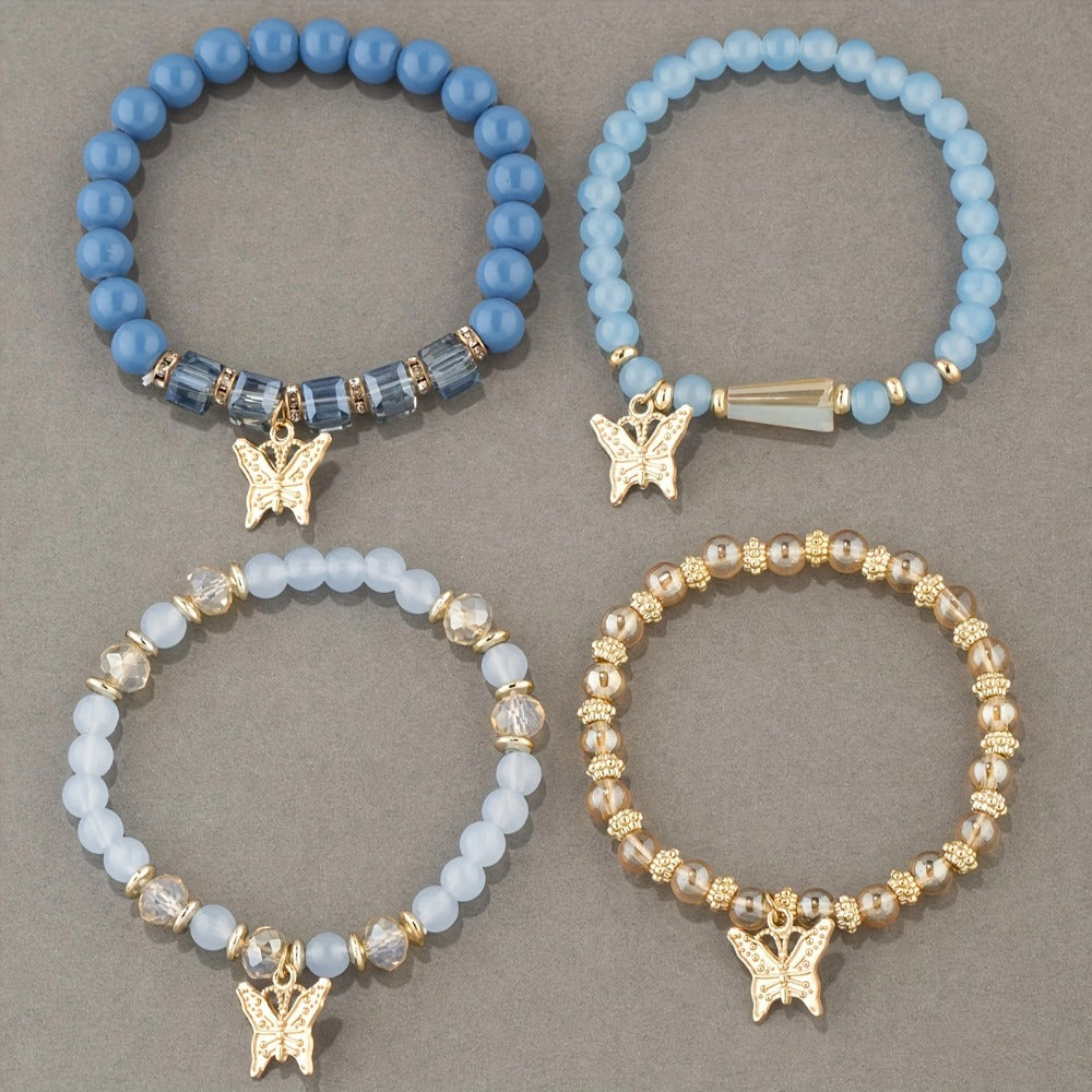 Beaded Bracelet - Boho Set 28 Pieces 7 Sets Stackable Butterfly Pendant Multi-Layer Elastic - product detail view 21