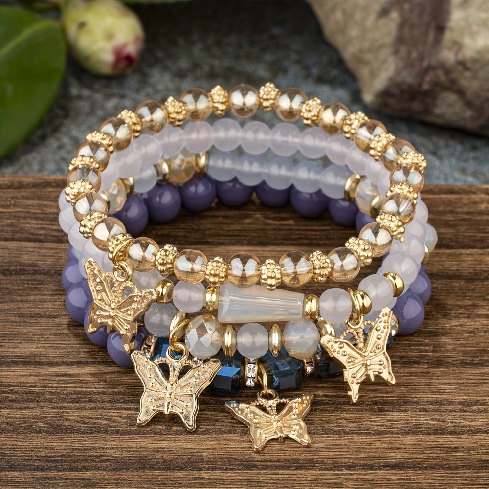 Beaded Bracelet - Boho Set 28 Pieces 7 Sets Stackable Butterfly Pendant Multi-Layer Elastic - product detail view 22