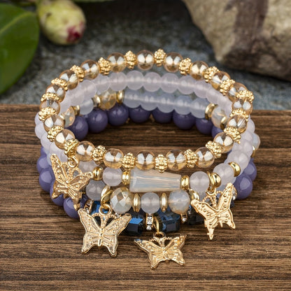 Beaded Bracelet - Boho Set 28 Pieces 7 Sets Stackable Butterfly Pendant Multi-Layer Elastic - product detail view 22