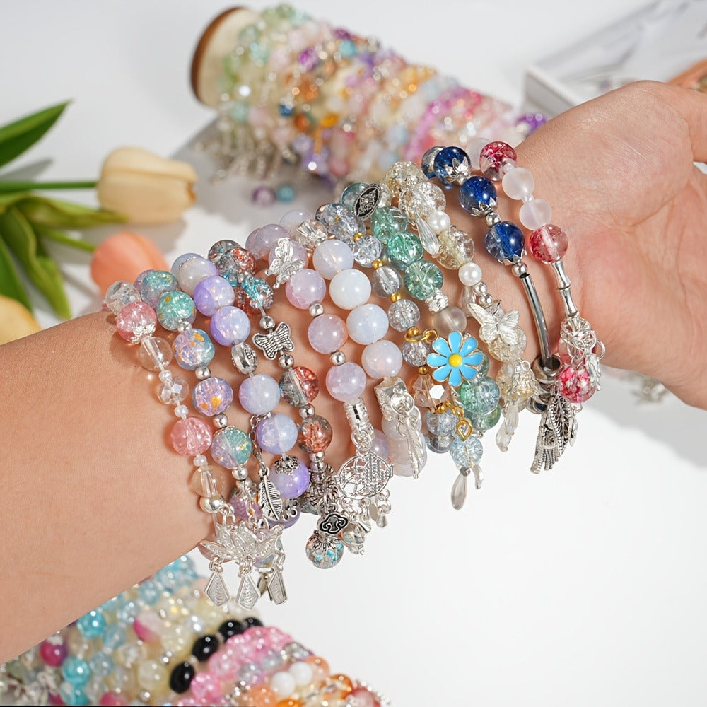 Beaded Bracelet - Boho Set 47pcs Glass Bead Stretch Star Floral Butterfly Heart Pendant - product detail view 4