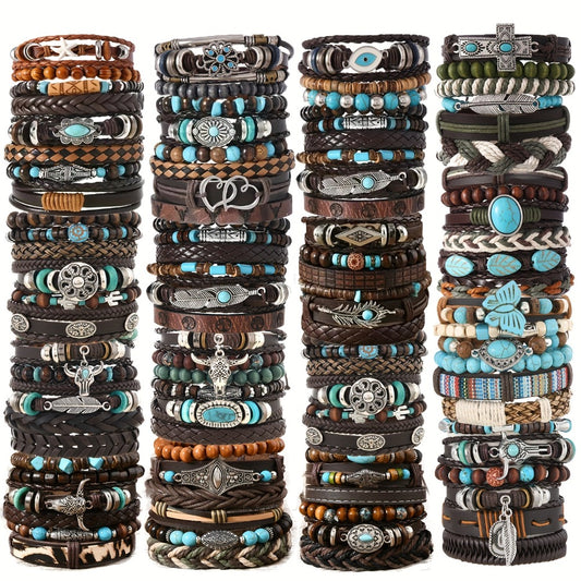 Beaded Bracelet - Boho Set 48pcs Vintage Western PU Leather & Turquoise Multilayer Bangles - main product view