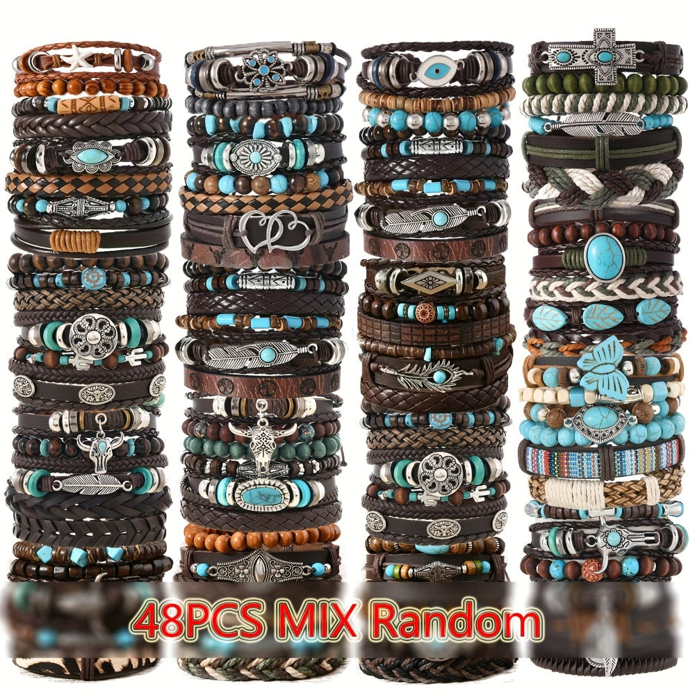 Beaded Bracelet - Boho Set 48pcs Vintage Western PU Leather & Turquoise Multilayer Bangles - product detail view 3