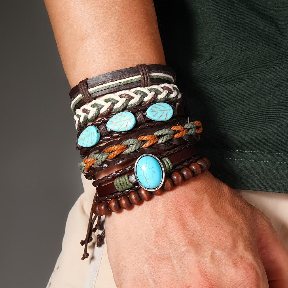 Beaded Bracelet - Boho Set 48pcs Vintage Western PU Leather & Turquoise Multilayer Bangles - product detail view 4