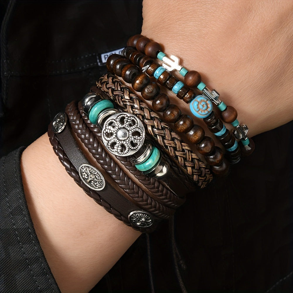 Beaded Bracelet - Boho Set 48pcs Vintage Western PU Leather & Turquoise Multilayer Bangles - product detail view 5