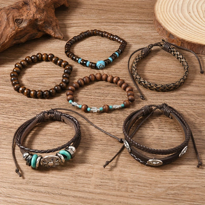 Beaded Bracelet - Boho Set 48pcs Vintage Western PU Leather & Turquoise Multilayer Bangles - product detail view 6