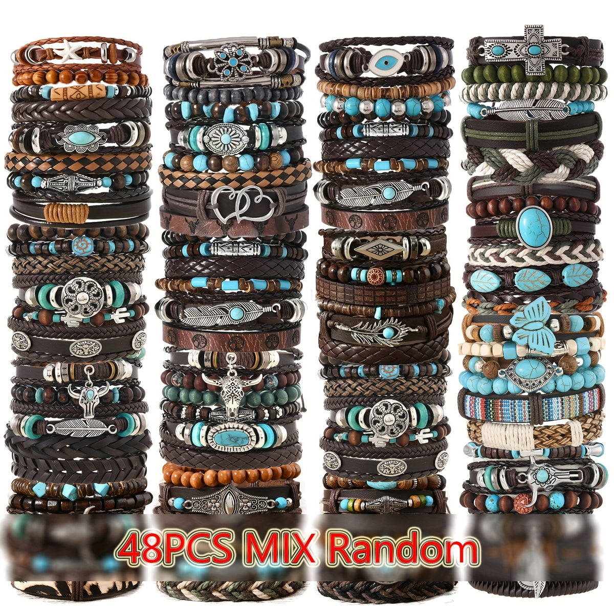 Beaded Bracelet - Boho Set 48pcs Vintage Western PU Leather & Turquoise Multilayer Bangles - product detail view 9