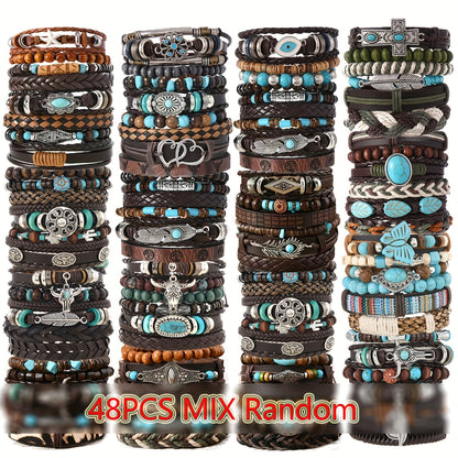 Beaded Bracelet - Boho Set 48pcs Vintage Western PU Leather & Turquoise Multilayer Bangles - product detail view 9