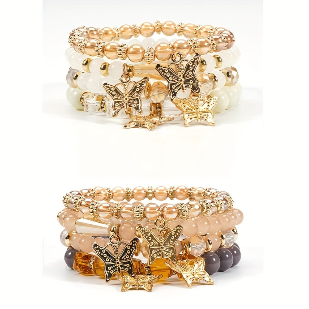 Beaded Bracelet - Boho Set for Women - Butterfly Sparkle Multi-Layer Elastic Charm - product detail view 5