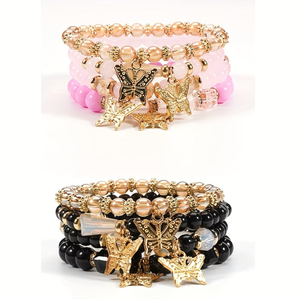 Beaded Bracelet - Boho Set for Women - Butterfly Sparkle Multi-Layer Elastic Charm - product detail view 7