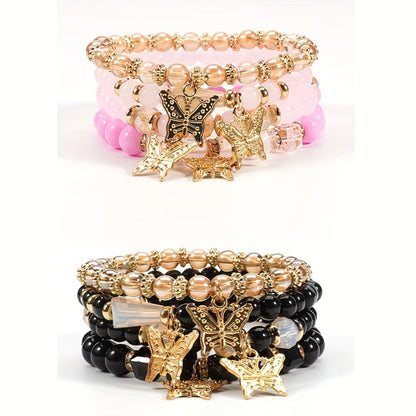 Beaded Bracelet - Boho Set for Women - Butterfly Sparkle Multi-Layer Elastic Charm - product detail view 7