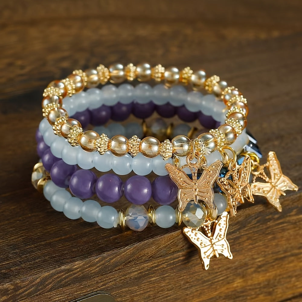Beaded Bracelet - Boho Set for Women - Butterfly Sparkle Multi-Layer Elastic Charm - product detail view 13