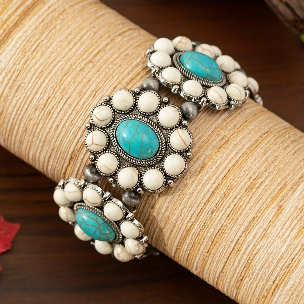 Beaded Bracelet - Boho Turquoise Stretch for Women - Vintage Ethnic Style Zinc Alloy Elastic - product detail view 3