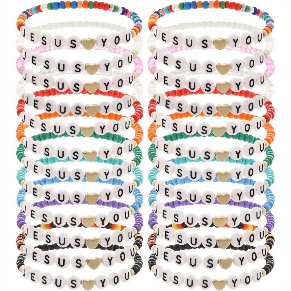 Beaded Bracelet - Christian Friendship Bulk 24Pcs - Handmade Clay Bead Jesus Love You - main product view