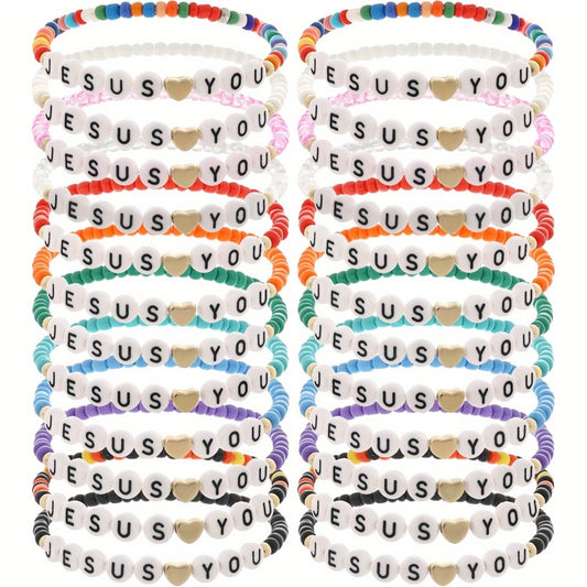 Beaded Bracelet - Christian Friendship Bulk 24Pcs - Handmade Clay Bead Jesus Love You - main product view
