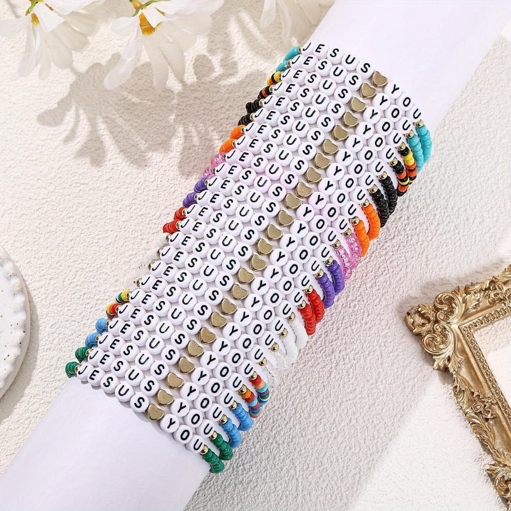 Beaded Bracelet - Christian Friendship Bulk 24Pcs - Handmade Clay Bead Jesus Love You - product detail view 4