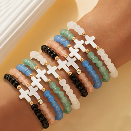 Beaded Bracelet - Cross Set for Women 10pcs Elegant Glass Bead Multi-Layer Elastic - main product view