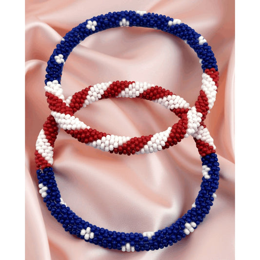Beaded Bracelet - Handmade Patriotic Set 2pcs - USA Flag Red White Blue Glass Seed Bead - main product view