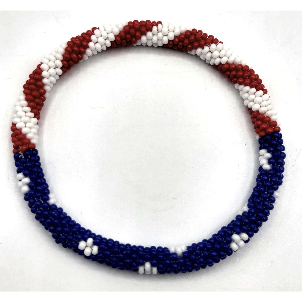 Beaded Bracelet - Handmade Patriotic Set 2pcs - USA Flag Red White Blue Glass Seed Bead - product detail view 4