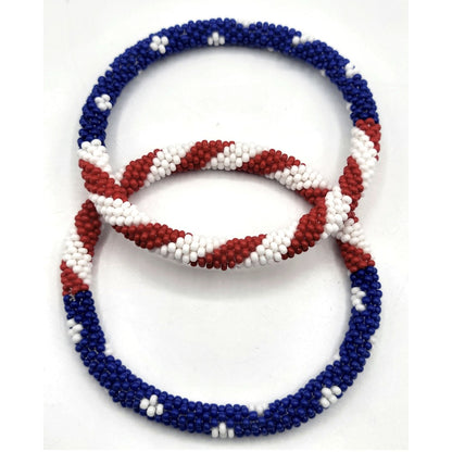 Beaded Bracelet - Handmade Patriotic Set 2pcs - USA Flag Red White Blue Glass Seed Bead - product detail view 6