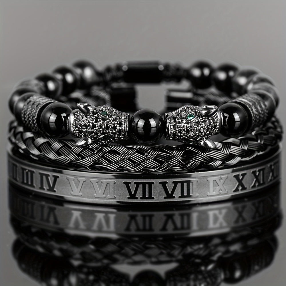 Beaded Bracelet - Leopard Head Set 3Pcs Black Agate with Double Leopard Head & Roman - main product view