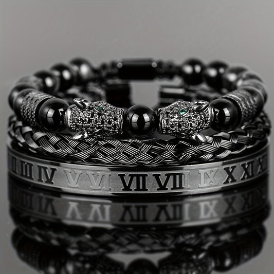 Beaded Bracelet - Leopard Head Set 3Pcs Black Agate with Double Leopard Head & Roman - main product view