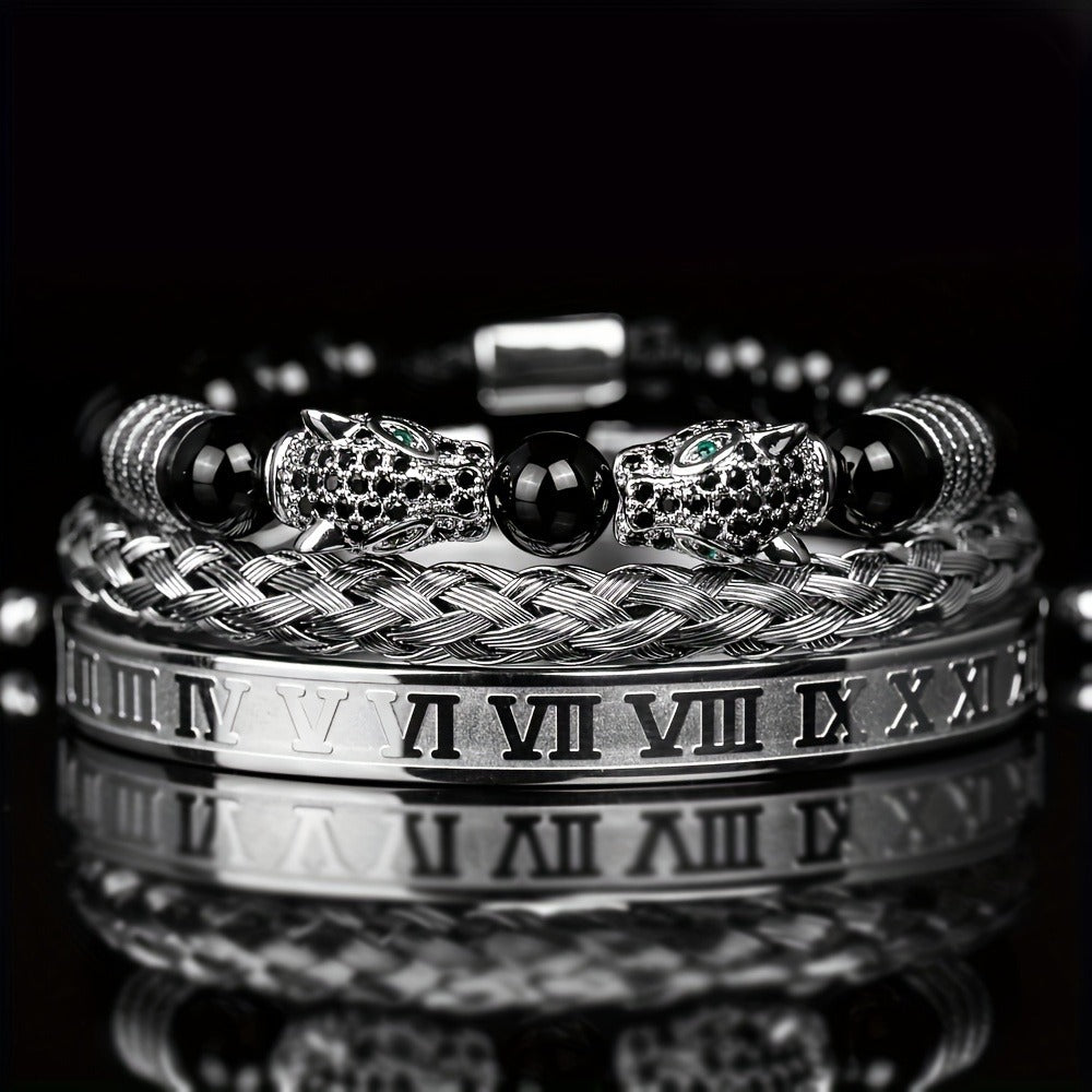 Beaded Bracelet - Leopard Head Set 3Pcs Black Agate with Double Leopard Head & Roman - product detail view 2