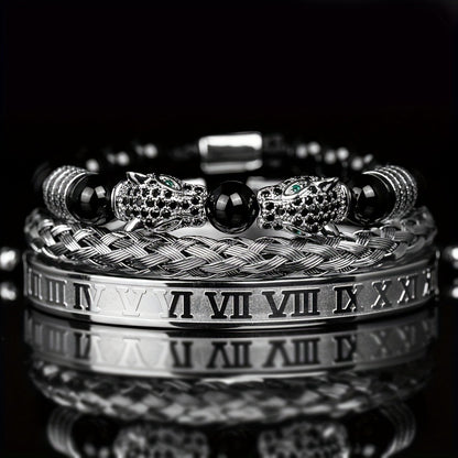 Beaded Bracelet - Leopard Head Set 3Pcs Black Agate with Double Leopard Head & Roman - product detail view 2