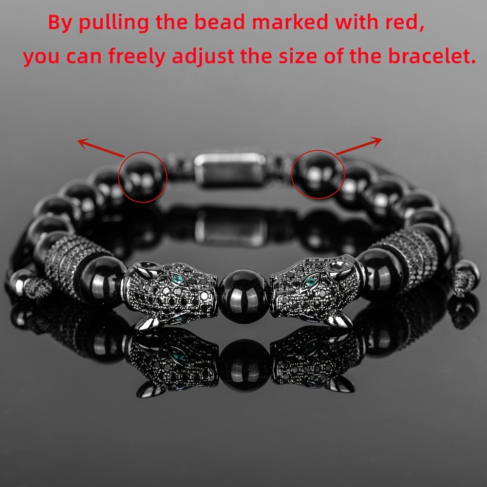 Beaded Bracelet - Leopard Head Set 3Pcs Black Agate with Double Leopard Head & Roman - product detail view 4