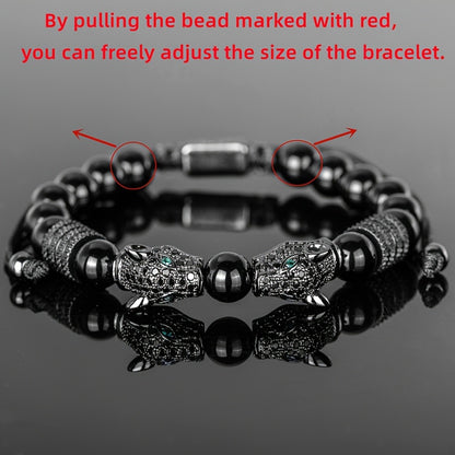 Beaded Bracelet - Leopard Head Set 3Pcs Black Agate with Double Leopard Head & Roman - product detail view 4