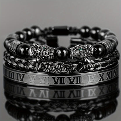 Beaded Bracelet - Leopard Head Set 3Pcs Black Agate with Double Leopard Head & Roman - product detail view 5