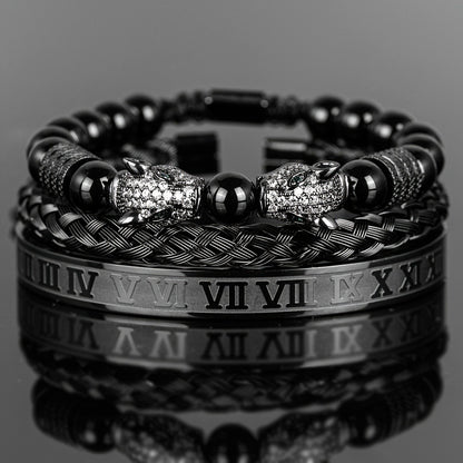 Beaded Bracelet - Leopard Head Set 3Pcs Black Agate with Double Leopard Head & Roman - product detail view 6