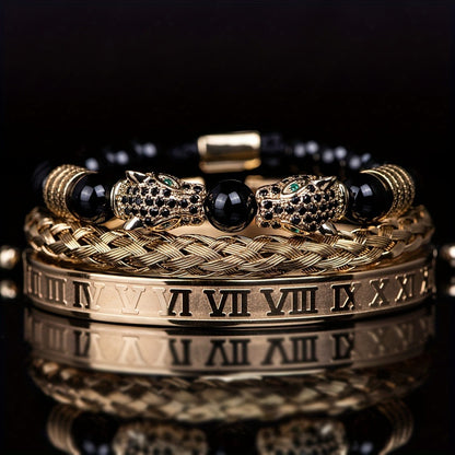 Beaded Bracelet - Leopard Head Set 3Pcs Black Agate with Double Leopard Head & Roman - product detail view 7