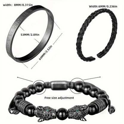 Beaded Bracelet - Leopard Head Set 3Pcs Black Agate with Double Leopard Head & Roman - product detail view 8