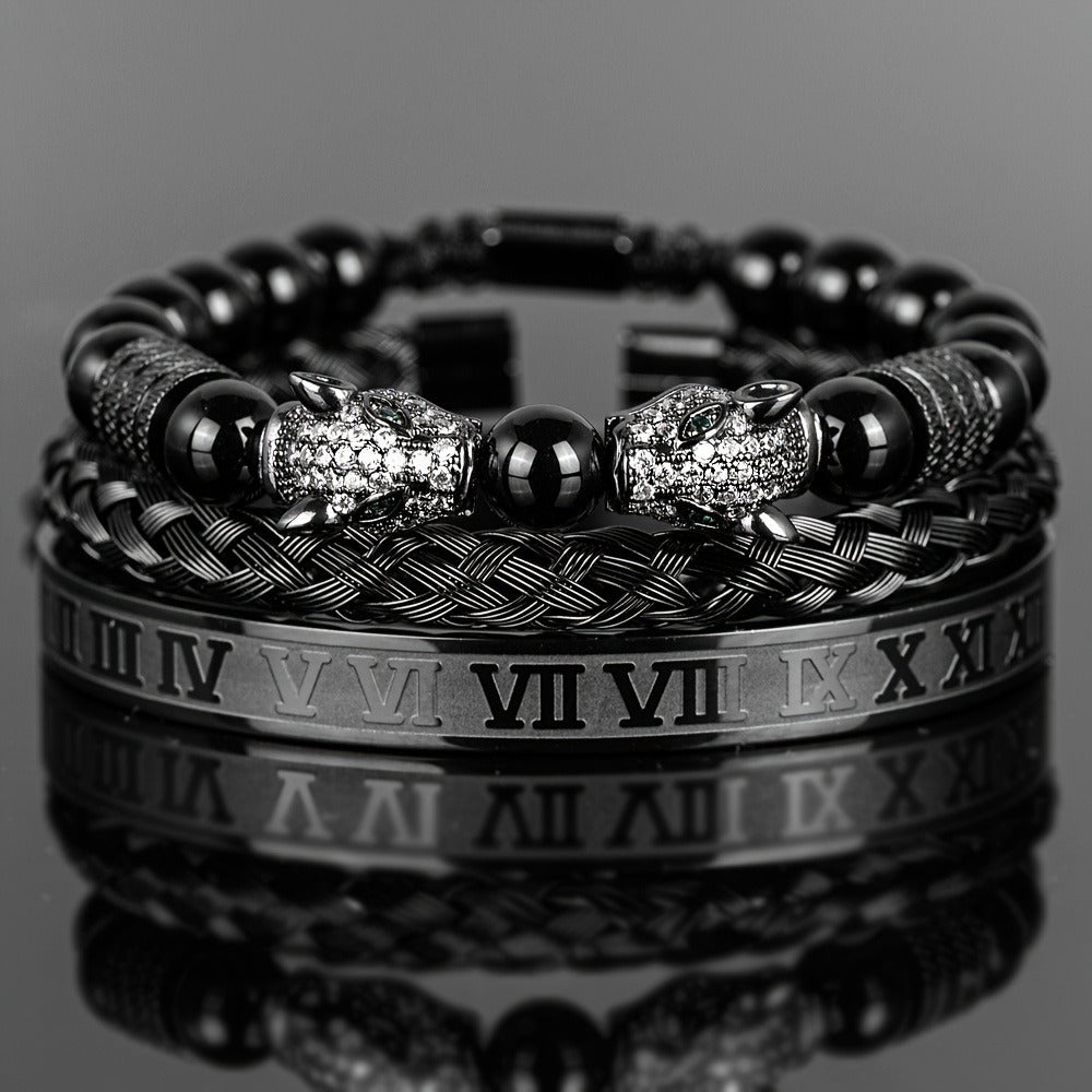 Beaded Bracelet - Leopard Head Set 3Pcs Black Agate with Double Leopard Head & Roman - product detail view 9