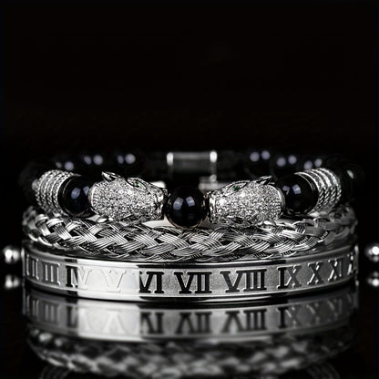 Beaded Bracelet - Leopard Head Set 3Pcs Black Agate with Double Leopard Head & Roman - product detail view 11