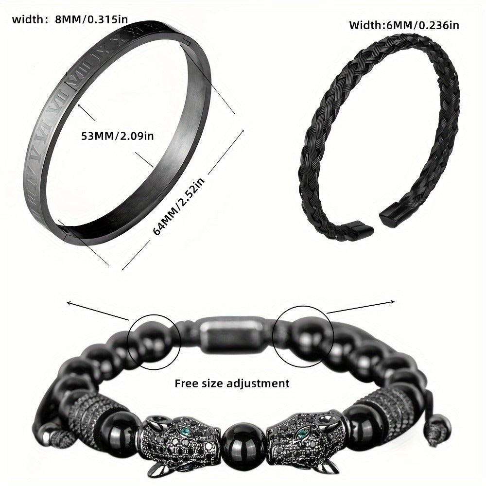 Beaded Bracelet - Leopard Head Set 3Pcs Black Agate with Double Leopard Head & Roman - product detail view 12