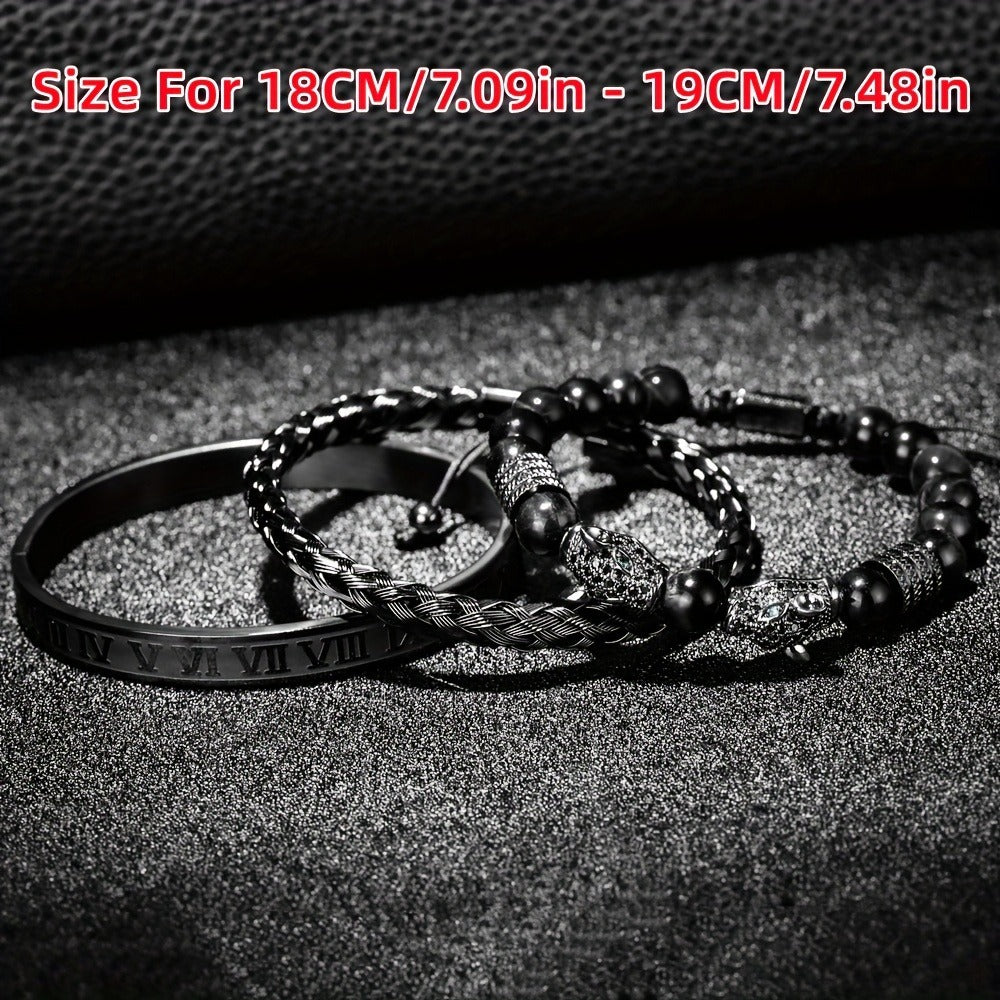 Beaded Bracelet - Leopard Head Set 3Pcs Black Agate with Double Leopard Head & Roman - product detail view 13