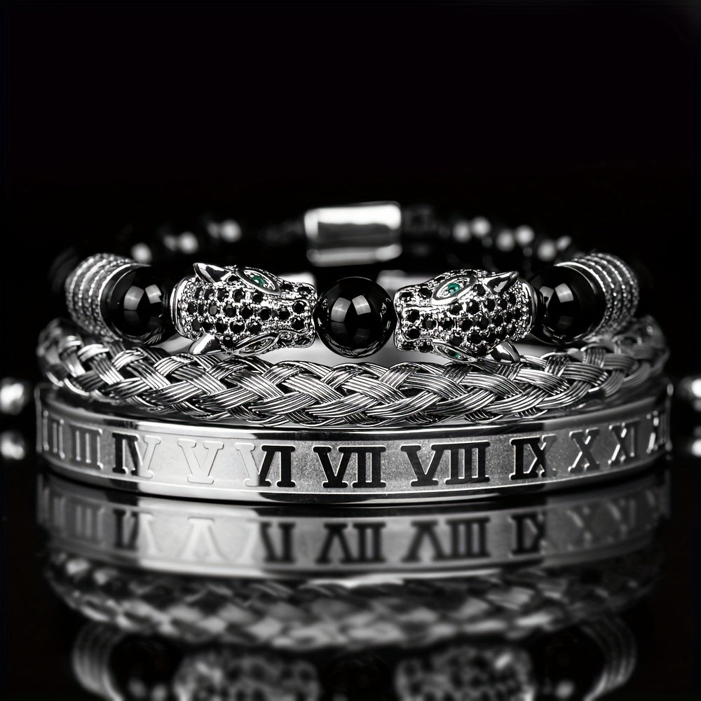 Beaded Bracelet - Leopard Head Set 3Pcs Black Agate with Double Leopard Head & Roman - product detail view 17